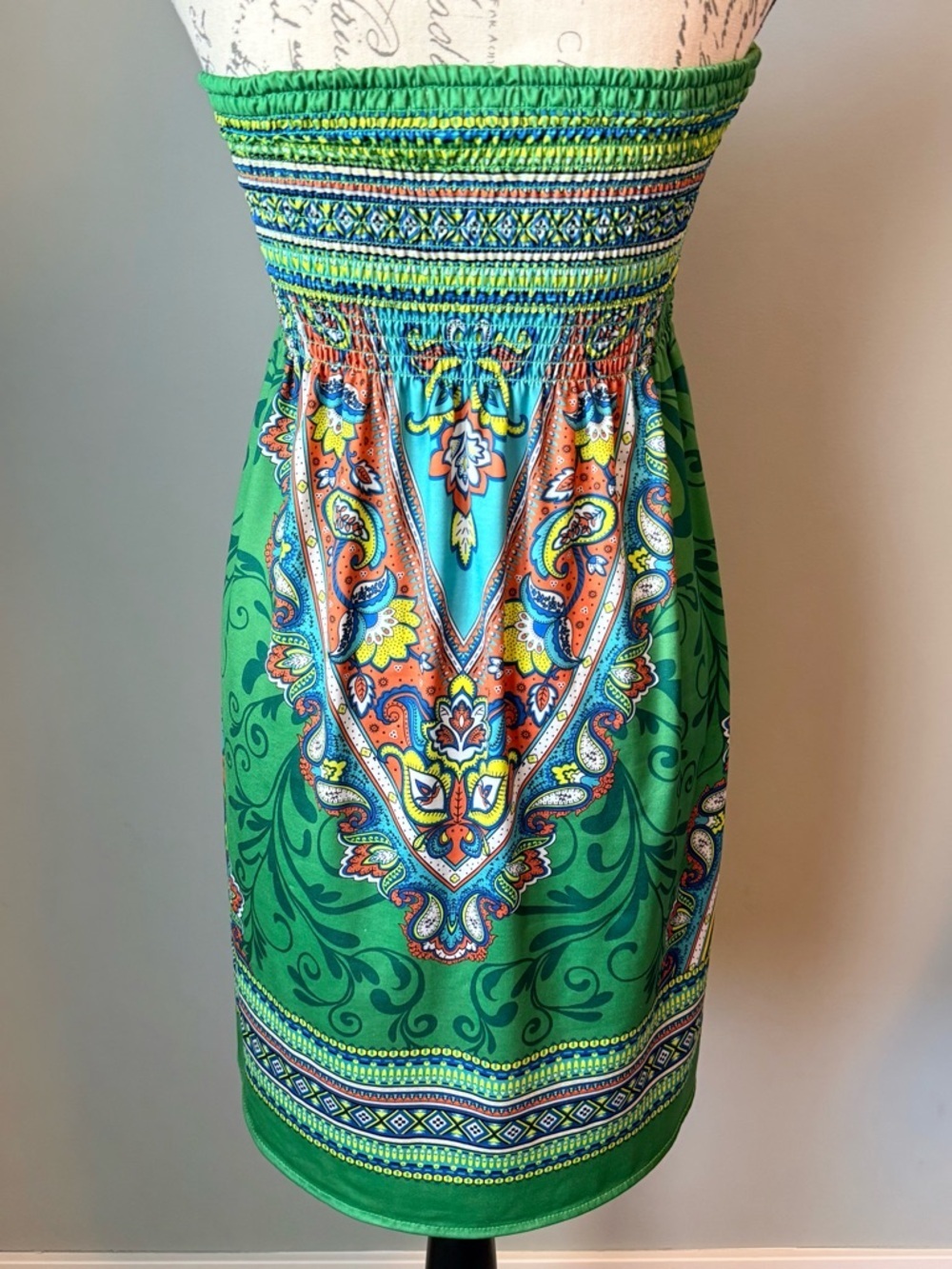 Flying Tomato Strapless Boho Mini Dress Smocked Paisley Green M - Picture 3 of 6